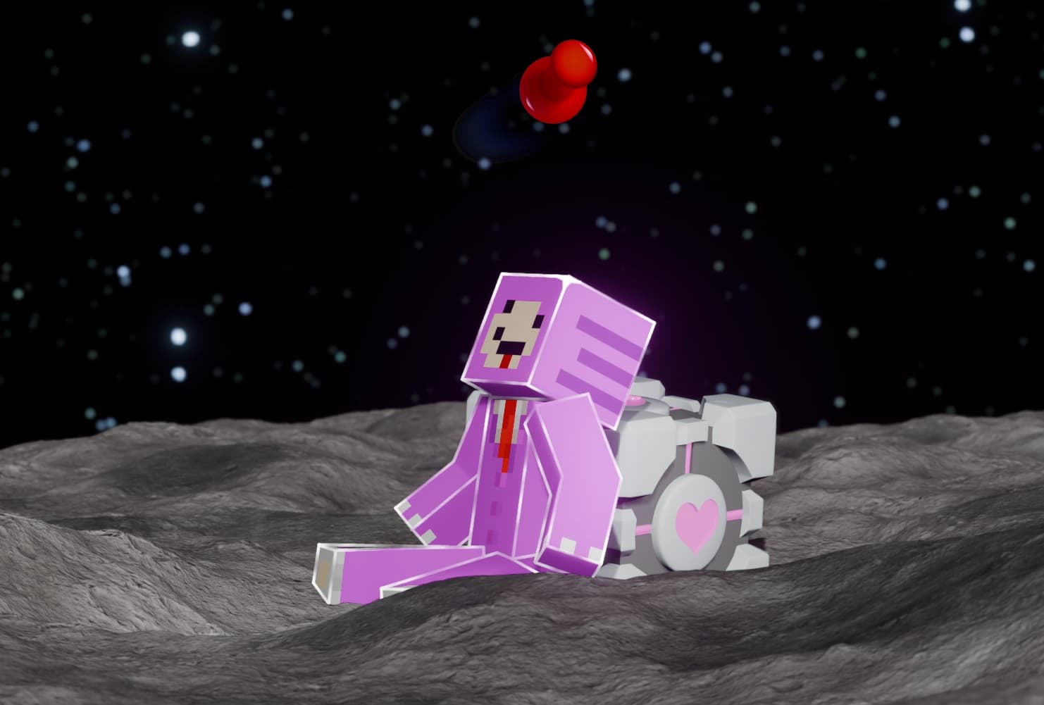 A render of PSJahn’s Minecraft character sitting on the moon beside a companion cube